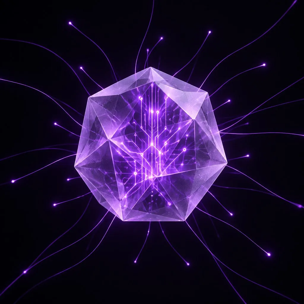 Poliedro de cristal con circuitos de luz, símbolo de la inteligencia artificial aplicada al marketing